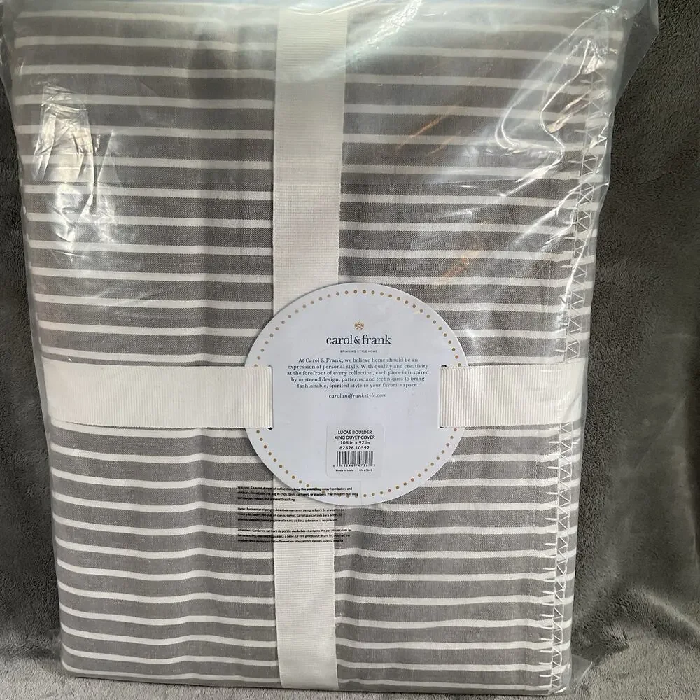 Carol & Frank King Duvet Cover Lucus Boulder Gray White Stripe Bedding 108x92